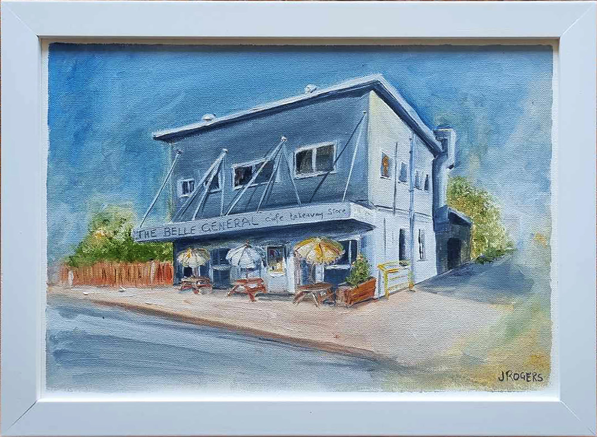 This is a painting of my favourite building and cafes in Ballina, it's at Shelly Beach.  The Belle General has great coffee, muffins and atmosphere.  The building has a story, its special and probably has an amazing history and it's my 3rd time painting the Belle from Australian Artist Jenni Rogers
