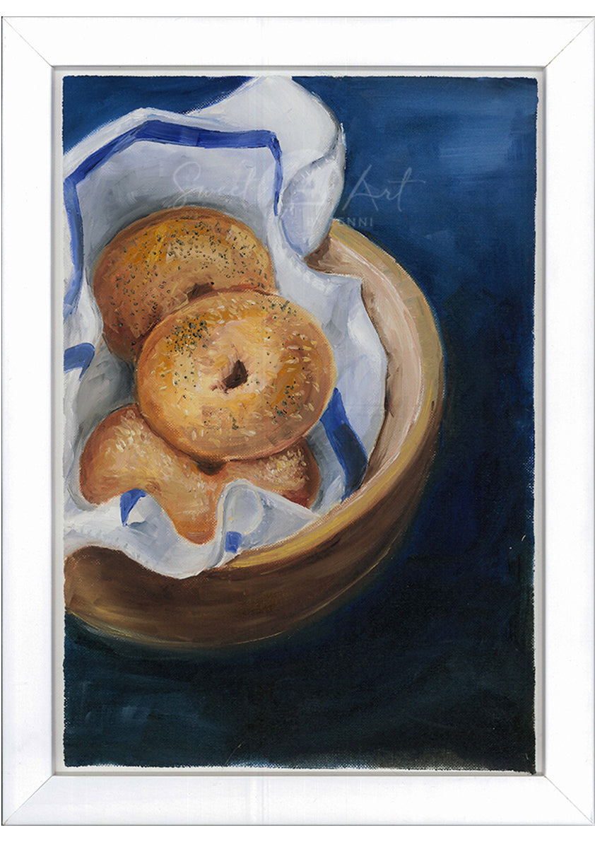 This painting is of the humble bagel with it's delicious chewiness, who doesn't love a bagel with cream cheese by Australian Artist by Jenni Rogers