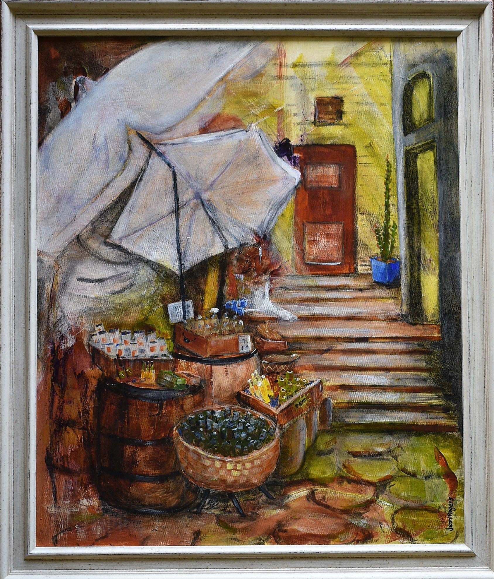 A painting on a wall of a summer Market with quaint cobblestone streets, ocean breeze and fresh seafood straight off the fishing boat by Australian artist Jenni Rogers.