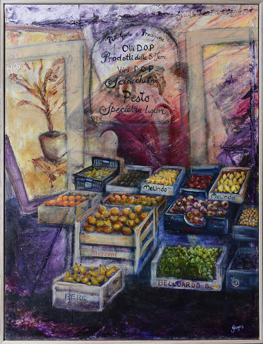 A mixed media painting of a produce store, stocked full of every colour fruit imaginable.  Observing locals and tourists busily choosing their produce in this quaint Cinque Terre Street hanging on a wall by artist Jenni Rogers