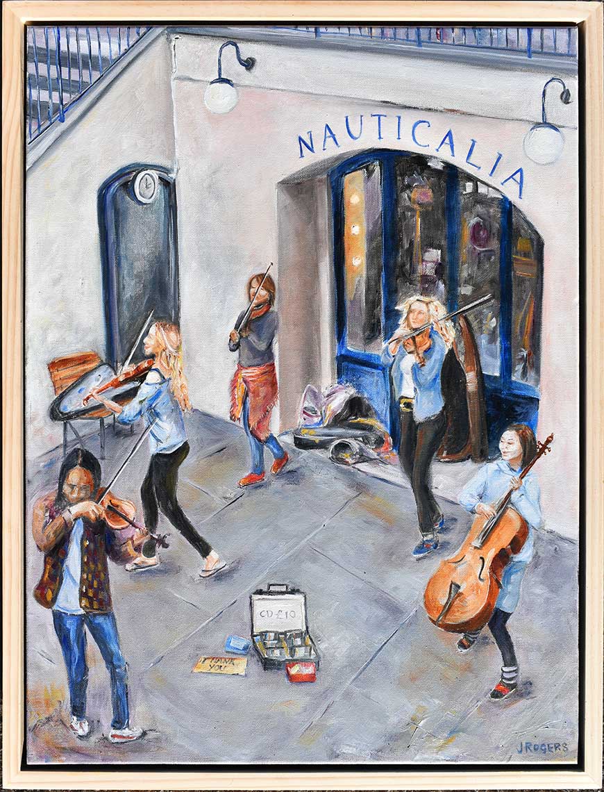 This is a painting of  Covent Garden and in the center were these dancing musicians, joyful music fills the air, the musician dance in a circle, bringing merriment to the Covent Garden Markets by Australian Artist Jenni Rogers