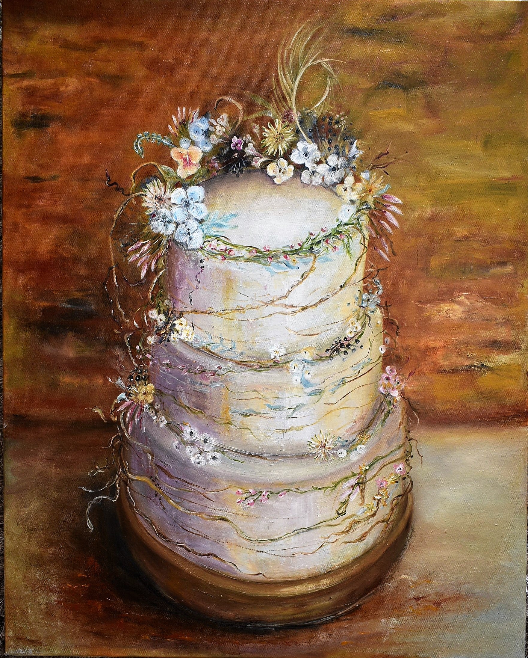 this is a painting of a 3 tier wedding cake wrapped in Wildflowers, intricately woven through each other, symbolising the connection between husband and wife, their lives entwined forever by Australian Artist Jenni Rogers