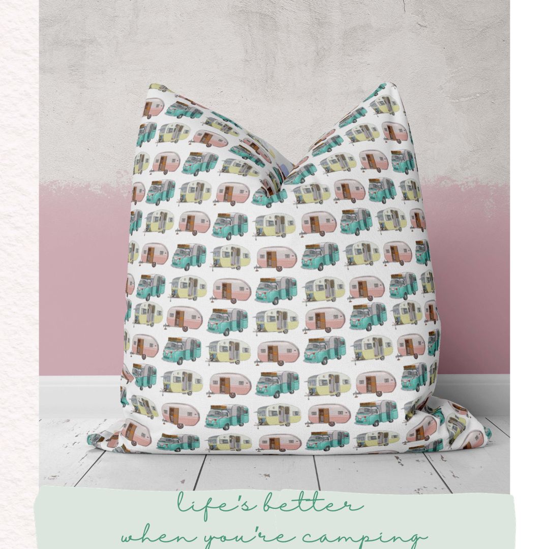 pillow with the retro caravan repeat pattern by Jenni Rogers artist