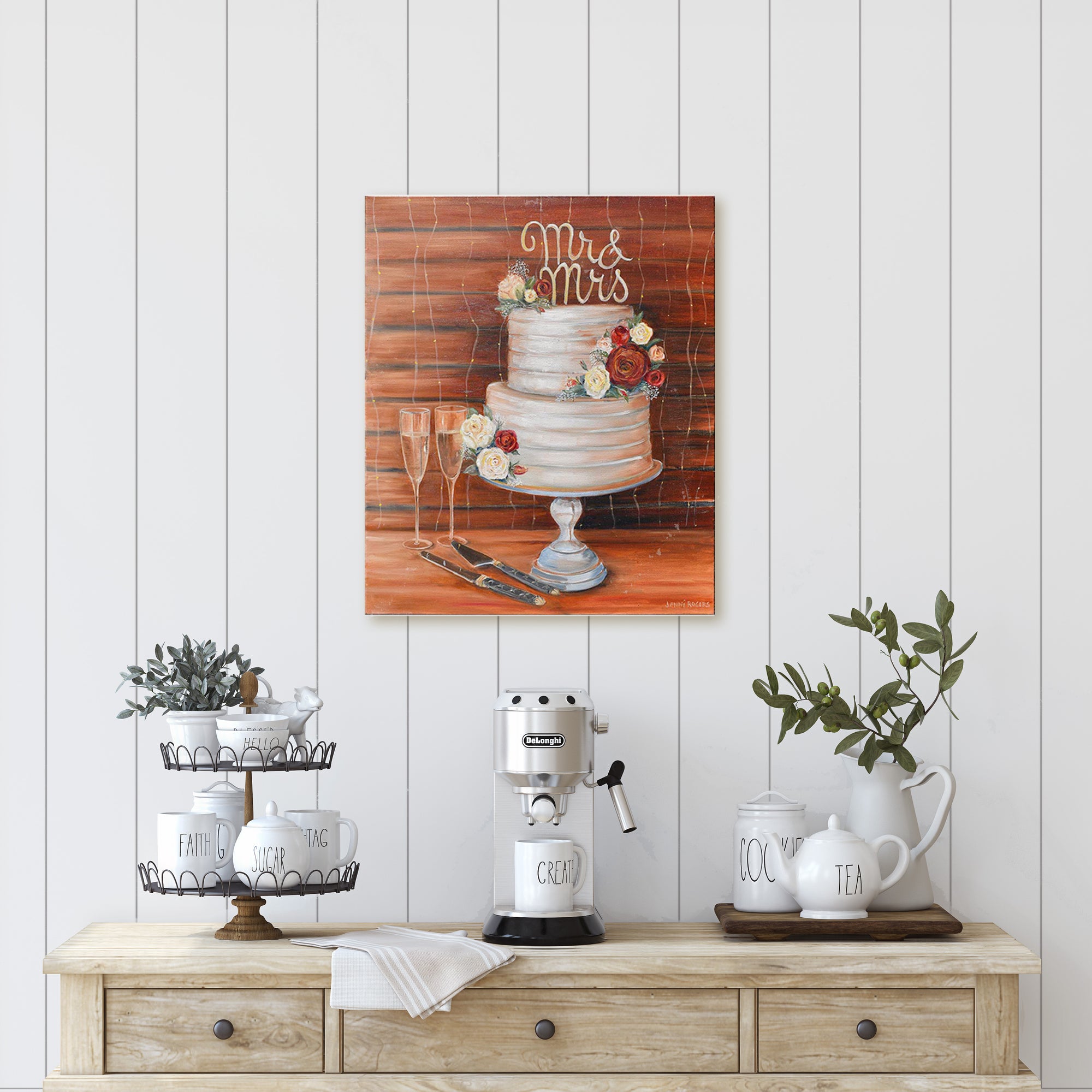 Mr & Mrs - This is a painting of a cake caught my eye, red and champagne coloured roses adorn this two tiered Wedding cake, toasts to the Bride & Groom by Australian Artist Jenni Rogers