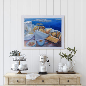 This is a painting of a trip of a lifetime to Santorini. Greek coffee, juice, pastries and a variety of fresh produce.  A friendly little local stopped by to share breakfast with us, overlooking the beautiful view of the Caldera by Australian Artist Jenni Rogers