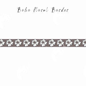 brown and white simple naive flower border with a brown background and white flowers. Repeating border pattern  drawn by Jenni Rogers, Artist