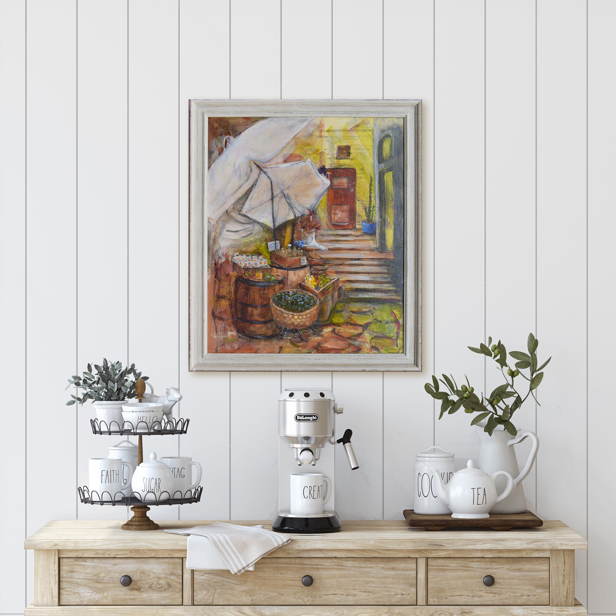 A painting on a wall of a summer Market with quaint cobblestone streets, ocean breeze and fresh seafood straight off the fishing boat by Australian artist Jenni Rogers.