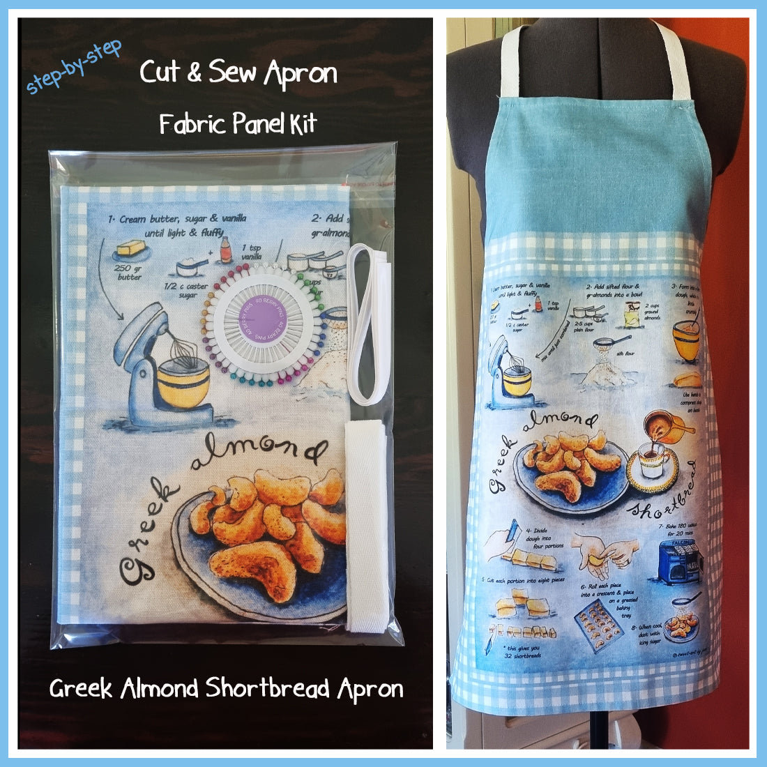 cut and sew apron with recipe, lamingtons apron, Greek Almond shortbread recipe apron