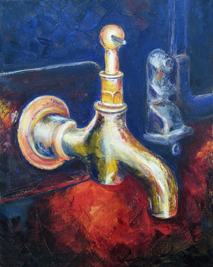 This is a painting of Monet's tap. On tour through Monet’s garden and home, I couldn’t wait to see his kitchen. His tap on the cooker caught my eye, freshly polished and deserved recognition by Australian Artist Jenni Rogers