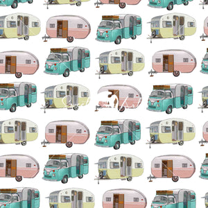 repeating pattern with retro caravans all over by Jenni Rogers artist