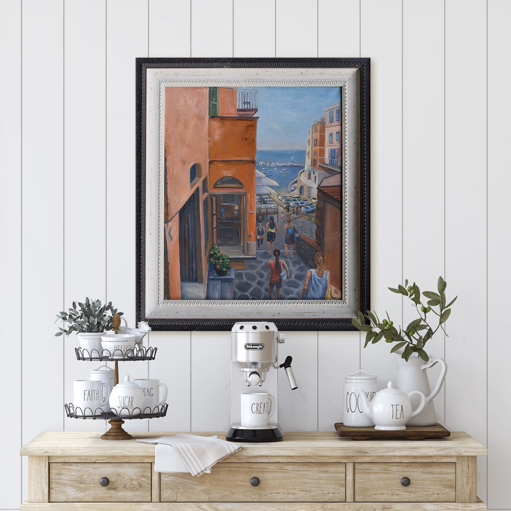 this is a painting hanging on a wall of a hot summers day in Vernazza, Cinque Terre, following the tour guide through the busy, picturesque streets. The colours, the locals and the food are highlights of this beautiful place. by Australian Artist Jenni Rogers