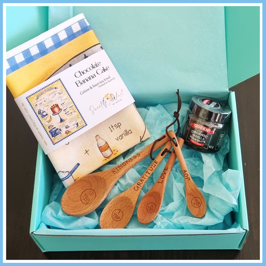"Love" Recipe-art Tea Towel + Wood Burned Measuring Spoons Gift Box