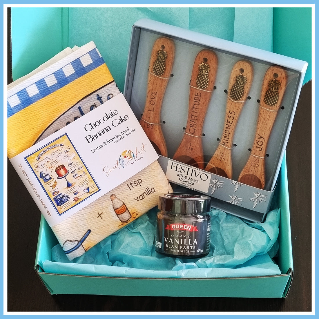 "Pineapple Love" Recipe-art Tea Towel + Wood Burned Measuring Spoons Gift Box