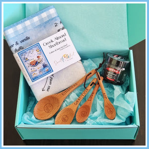 "Love" Recipe-art Tea Towel + Wood Burned Measuring Spoons Gift Box