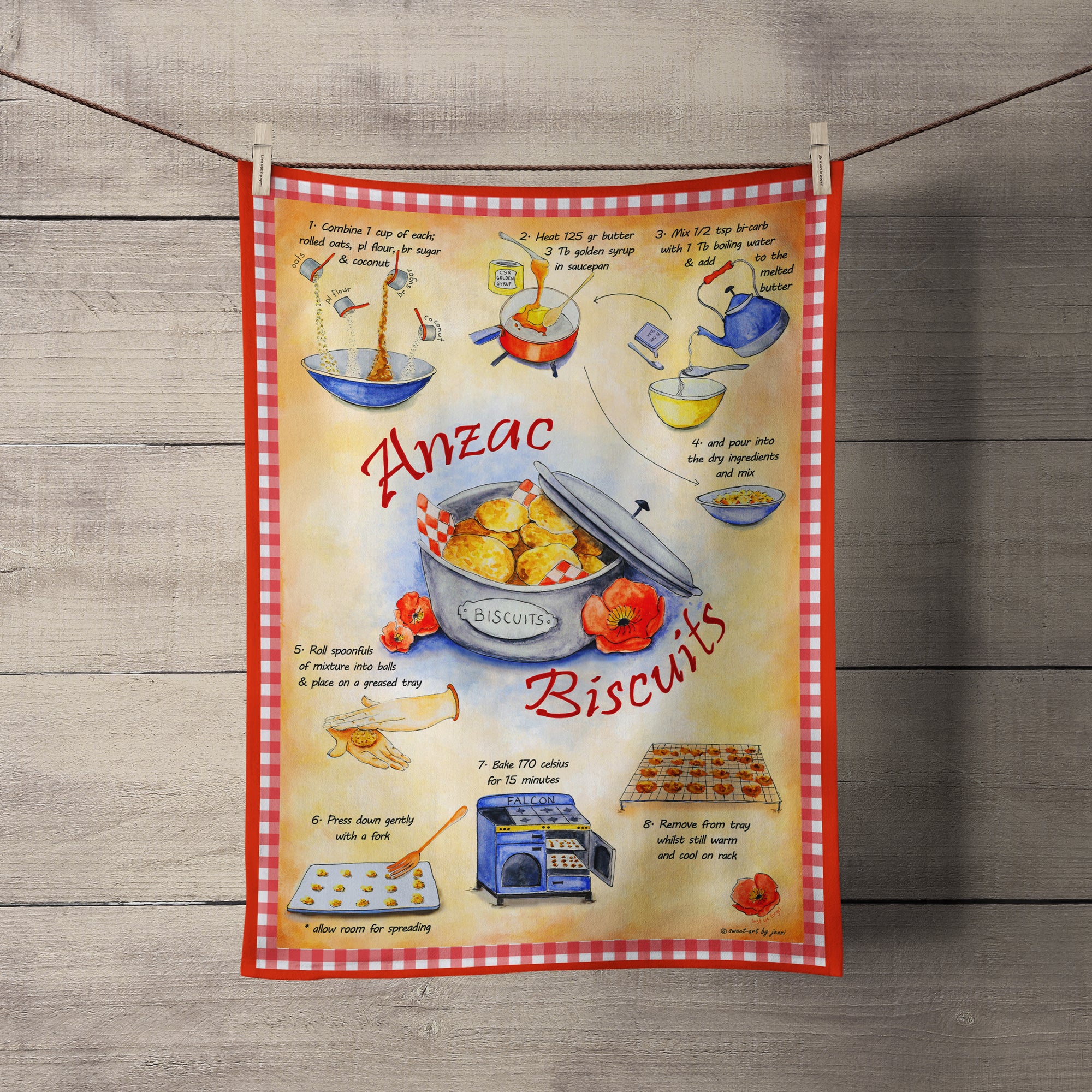 Australian artist, Recipe Tea towel, illustrated, Anzac Biscuits recipe