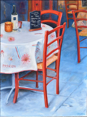 this is an oil painting of a restaurant in Nice, France with a blue floor and French red chairs by Australian artist Jenni Rogers