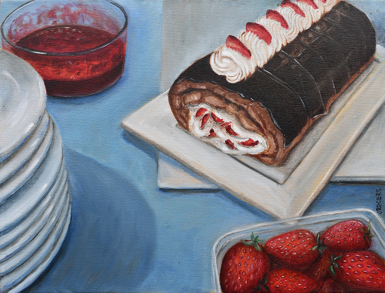 Chocolate Roulade This is a painting of a soft, delicious chocolate sponge roll, filled with fresh cream and strawberries, adorned with rich chocolatey ganache. So hard to only eat just one slice by Australian Artist Jenni Rogers