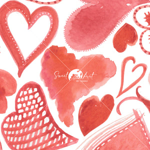 red watercolour hearts everywhere in a pattern repeat different size and shaped hearts