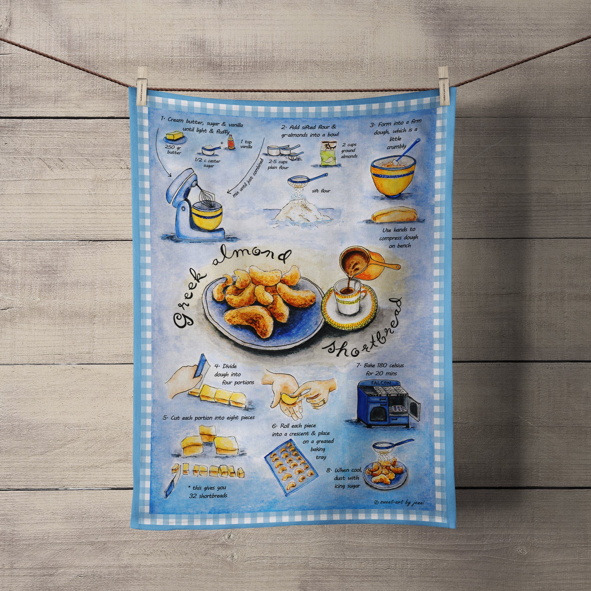 Australian Made, Recipe Tea towel, illustrated, Greek Almond shortbread recipe, Bespoke Tea Towel