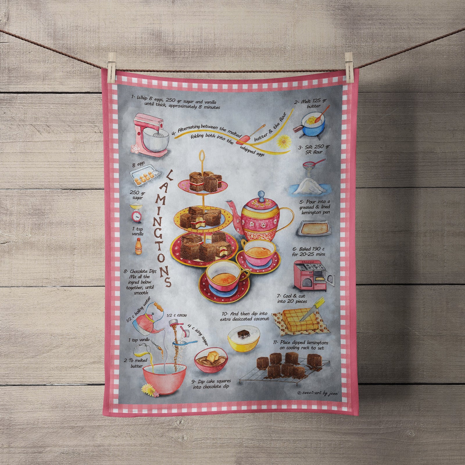 Sweet-Art by Jenni -  Lamingtons Recipe-art Tea Towel Medium $28.00