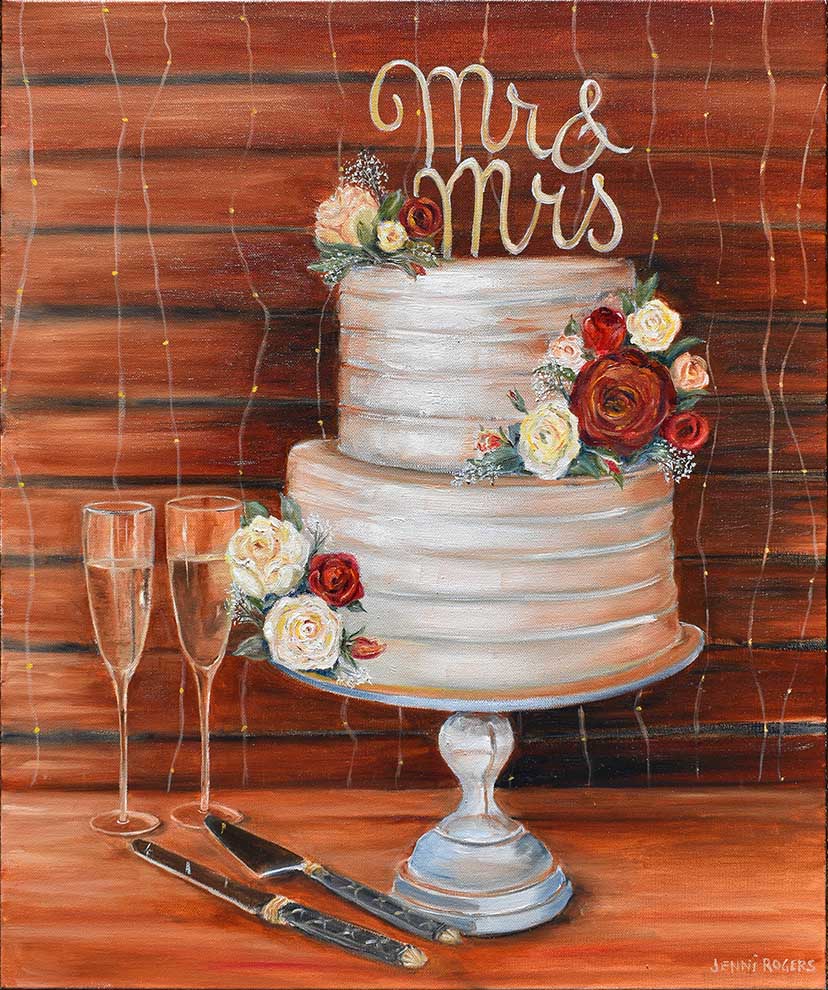 Mr & Mrs - This is a painting of a cake caught my eye, red and champagne coloured roses adorn this two tiered Wedding cake, toasts to the Bride & Groom by Australian Artist Jenni Rogers