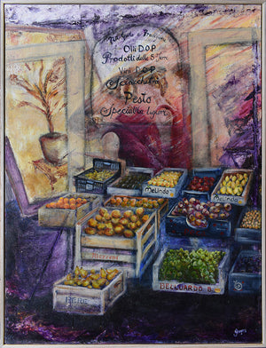 Prodotti A mixed media painting of a produce store, stocked full of every colour fruit imaginable. Observing locals and tourists busily choosing their produce in this quaint Cinque Terre Street by artist Jenni Rogers