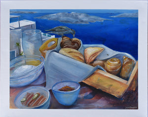 Santorini; a bird's breakfast - This is a painting of a trip of a lifetime to Santorini. Greek coffee, juice, pastries and a variety of fresh produce. A friendly little local stopped by to share breakfast with us, overlooking the beautiful view of the Caldera by Australian Artist Jenni Rogers