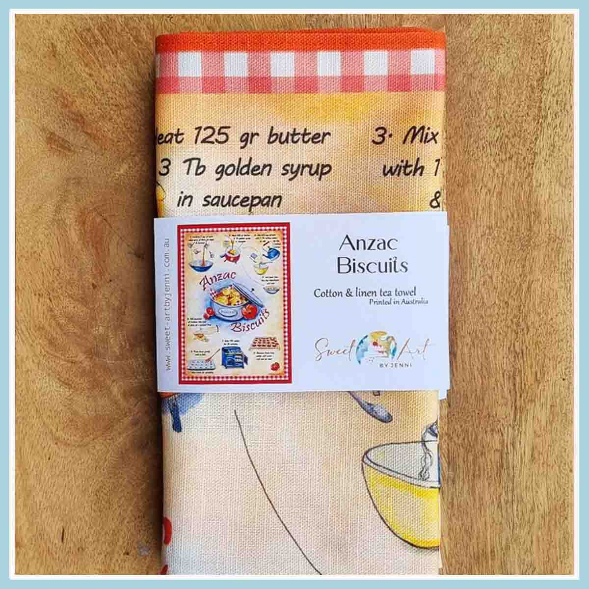 Australian artist, Recipe Tea towel, illustrated, Anzac Biscuits recipe