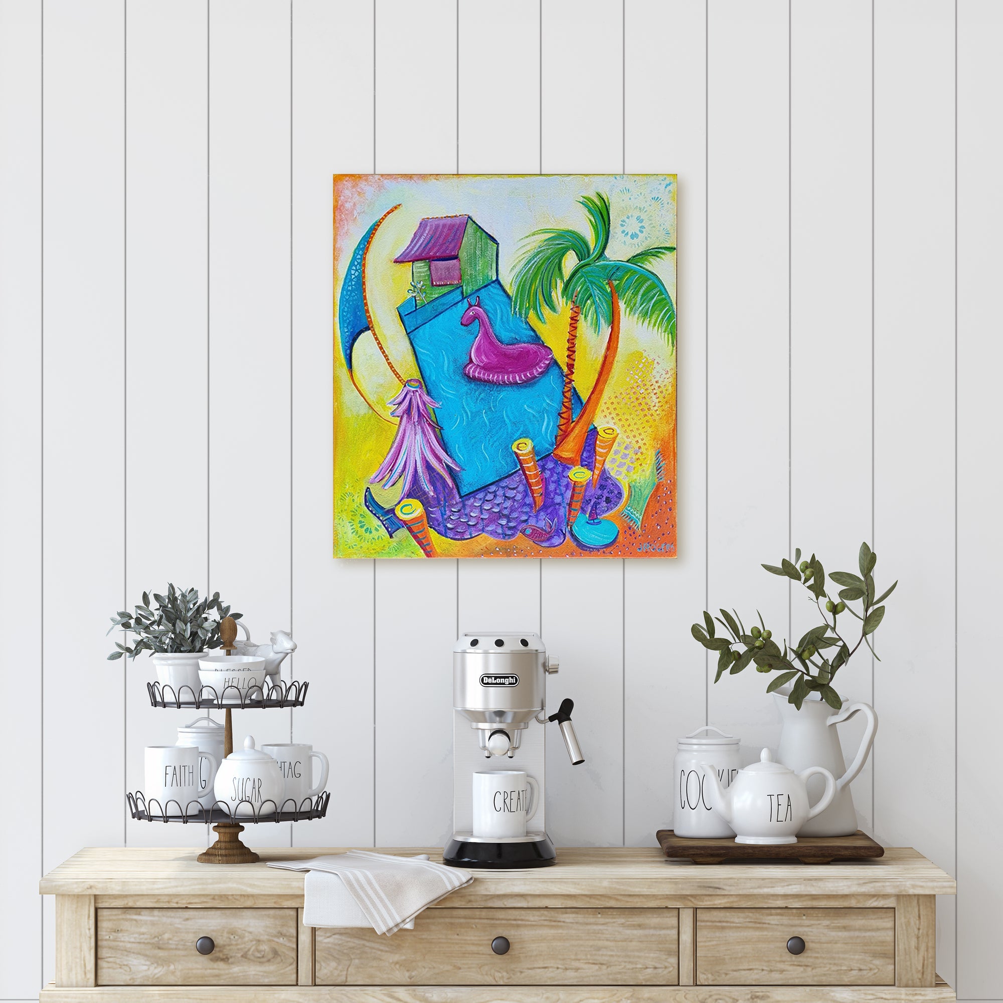 This is a fun and bright painting. Welcome to the Pool House! Add a unique and eye-catching piece of art to your home with this colourful painting. It features an inviting blue pool surrounded by lush palm trees, lively colours, and some fun elements - the perfect place to relax during the summer months. Wherever it is in your home, it is sure to become the conversation piece in any gathering by Australian Artist Jenni Rogers