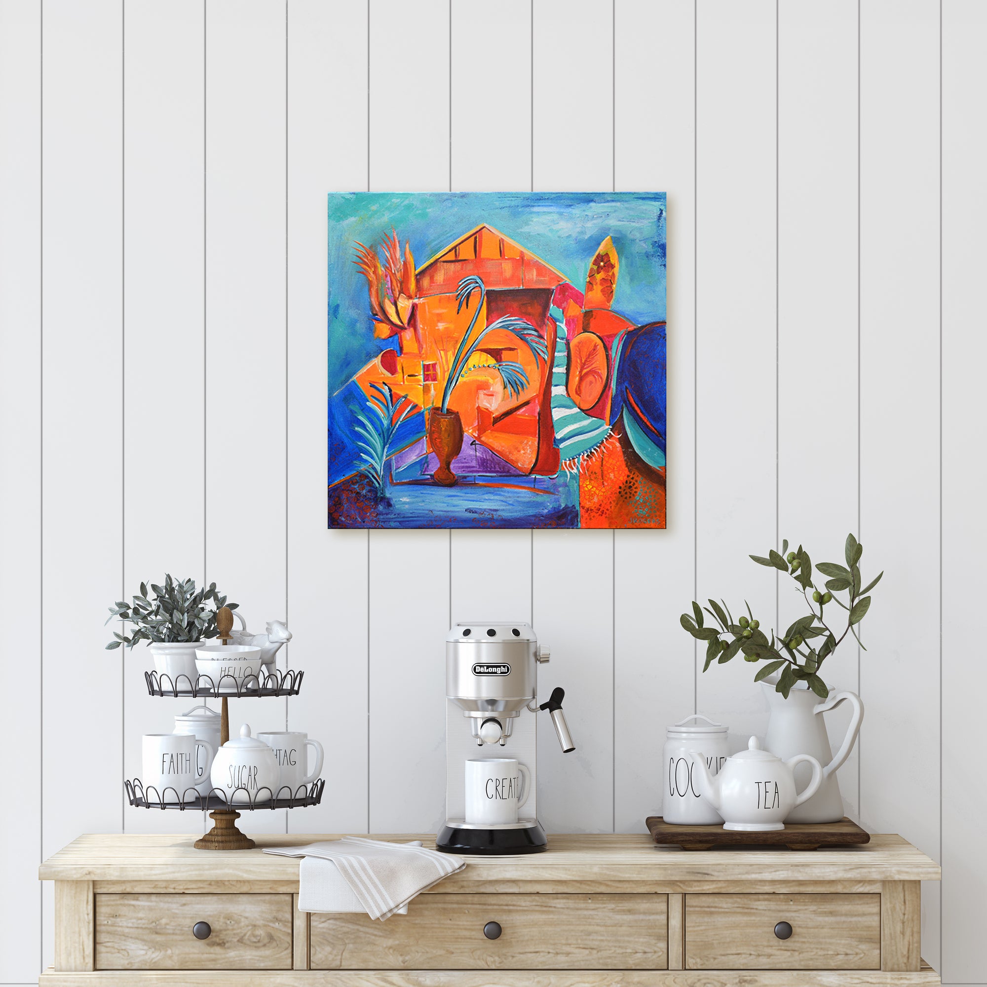 This is a painting of a tropical paradise, captured in a single painting! 🏝️ From the beach towel to the peaceful palm tree, this abstract piece takes us away to an idyllic world of relaxation and tranquility by Australian Artist Jenni Rogers