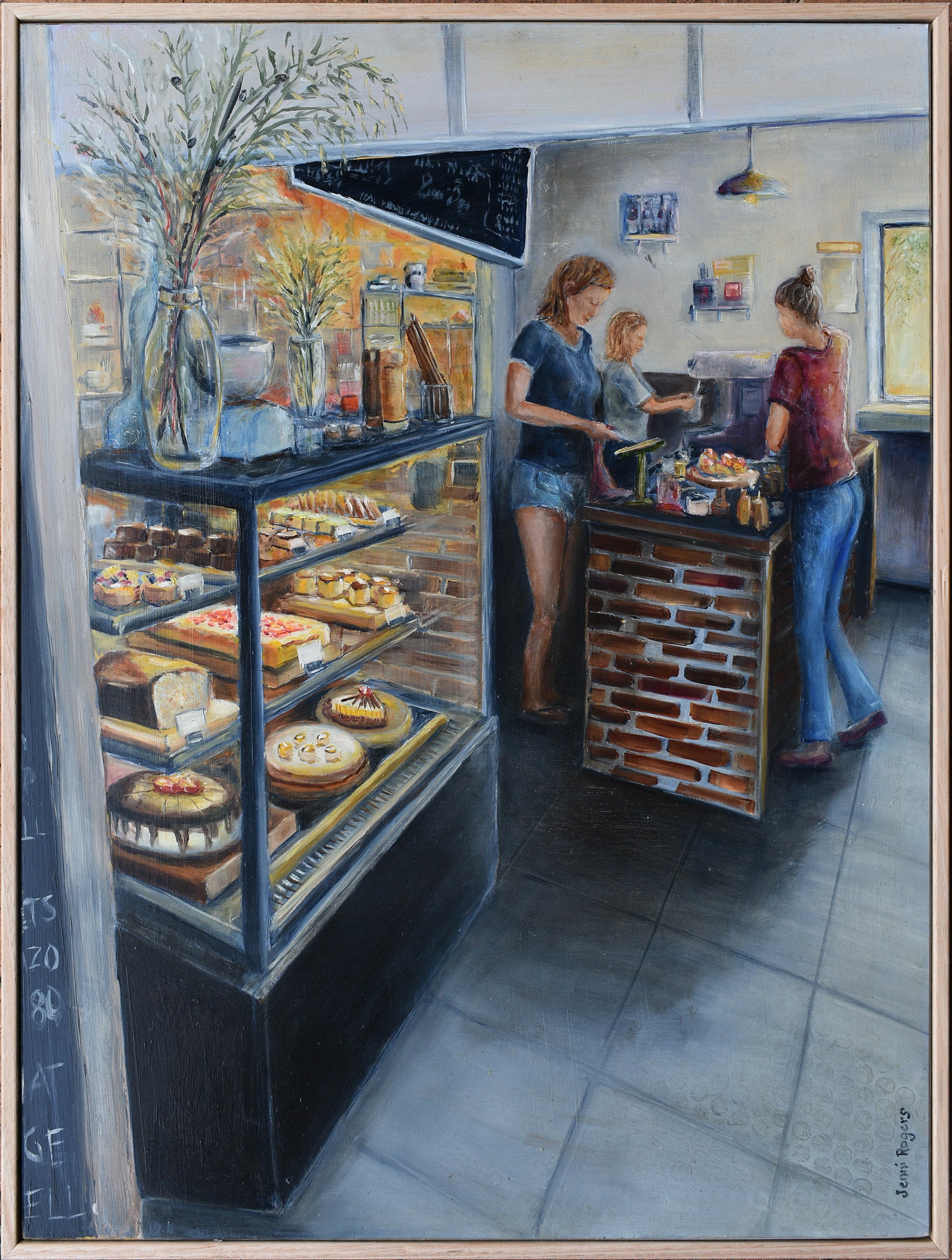 This is a painting of the inside of my favourite cafe at Shelley Beach, Ballina The  Belle General.  Their cake fridge is mesmerising and not to mention, delicious.  Every cake imaginable, coffee aromas and fresh muffins.  The anticipation of what to choose, maybe I’ll get one of each! by Australian Artist Jenni Rogers