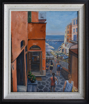 The Tour is a paintingl of a hot summers day in Vernazza, Cinque Terre, following the tour guide through the busy, picturesque streets. The colours, the locals and the food are highlights of this beautiful place. by Australian Artist Jenni Rogers